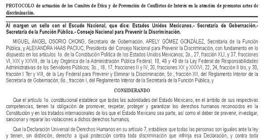 Protocolo de actuación de los Comités de Ética y de Prevención de Conflictos de Interés en atención de presuntos actos de discriminación